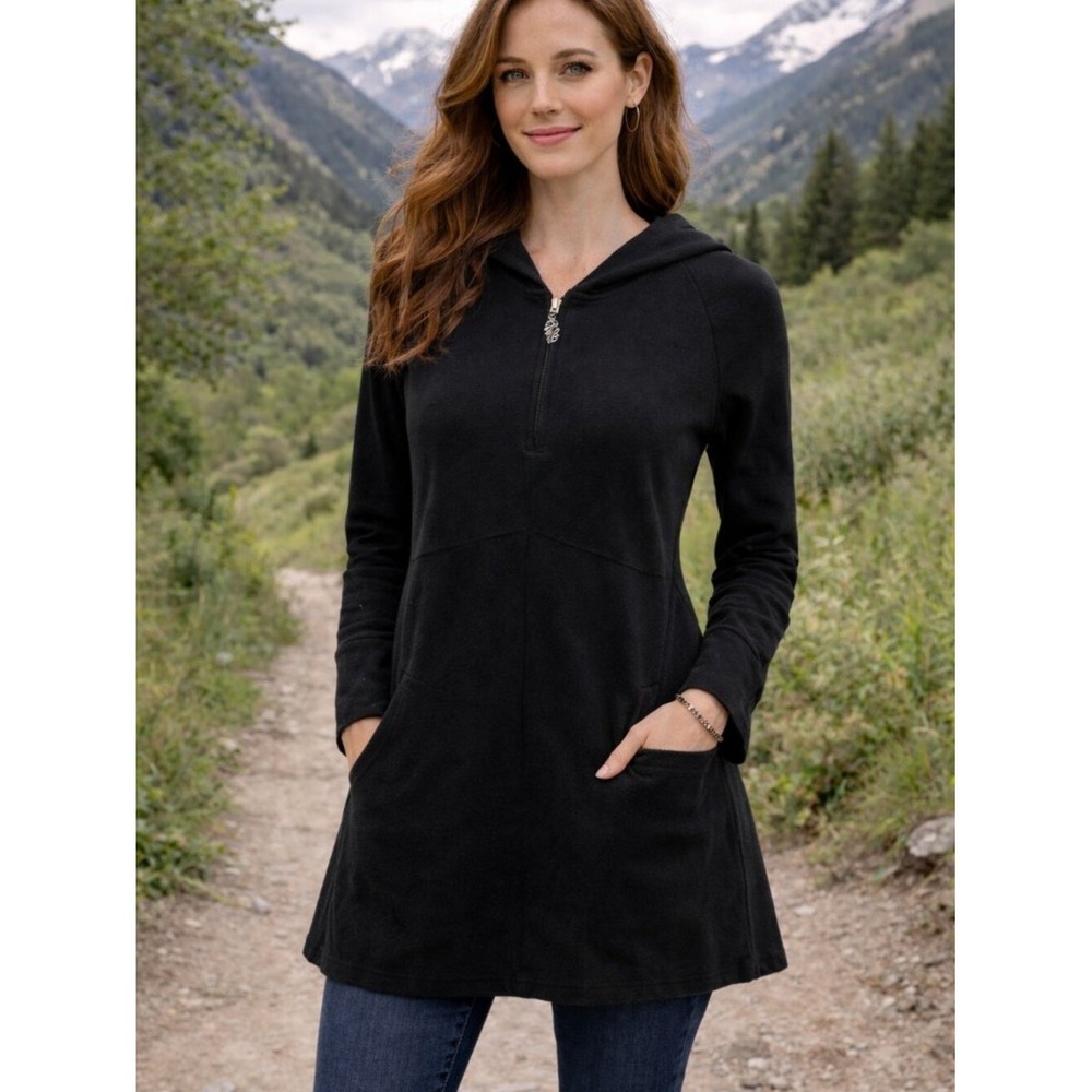 Nomads Hemp Wear Black Organic Cotton Hemp Quarter Zip Hooded Tunic Women Medium
